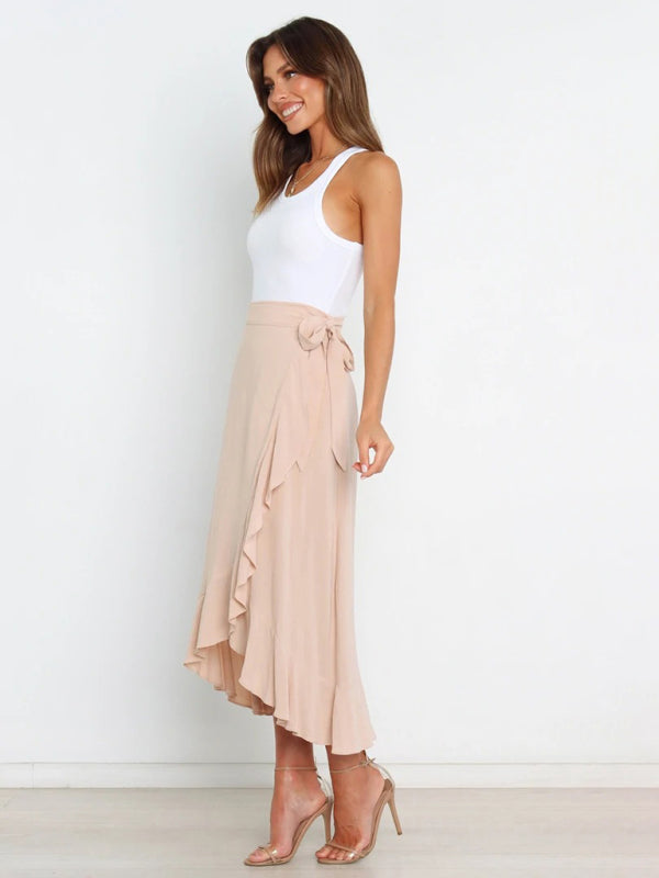 One Piece Tie Long Skirt Irregular Cover Hip Solid Color Skirt