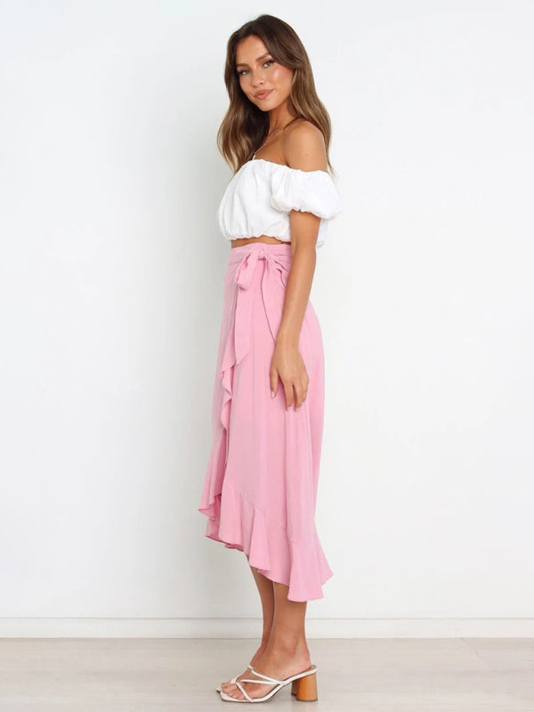 One Piece Tie Long Skirt Irregular Cover Hip Solid Color Skirt