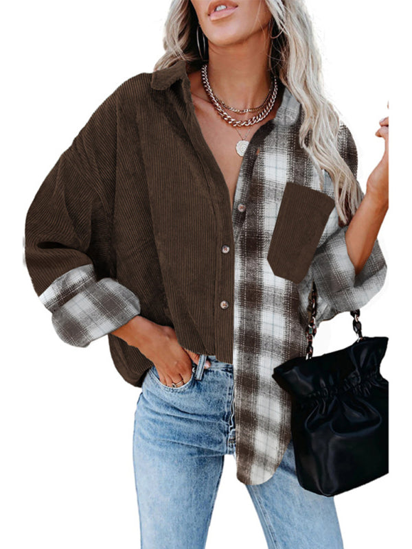 Plaid shirt cross-border European and American foreign trade women's long-sleeved loose pocket shirt