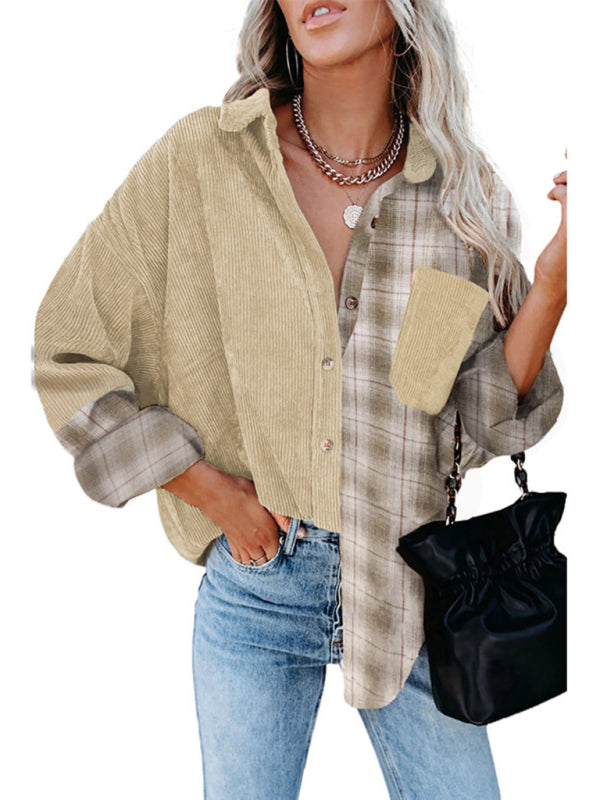 Plaid shirt cross-border European and American foreign trade women's long-sleeved loose pocket shirt