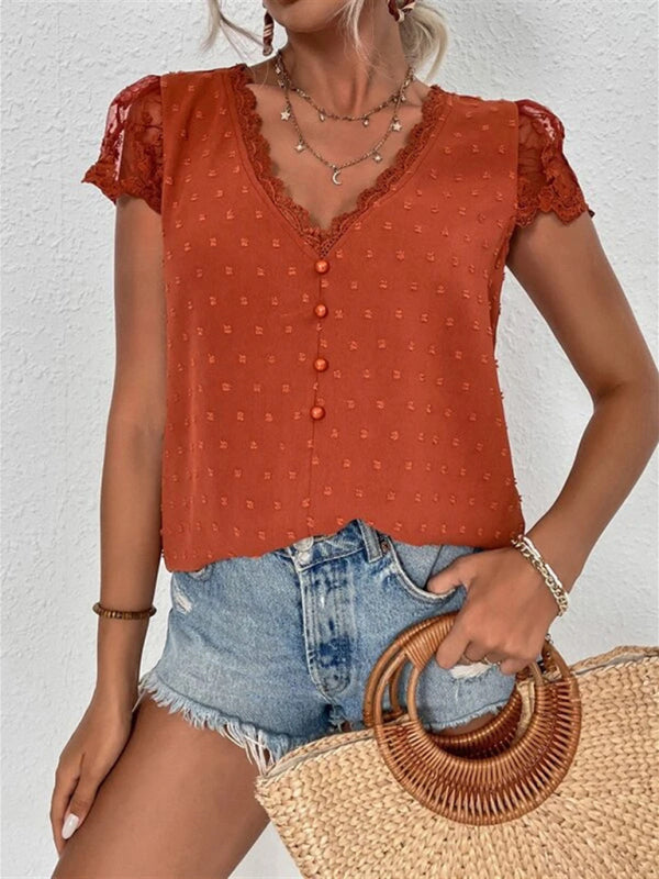 Summer new V-neck chiffon lace shirt