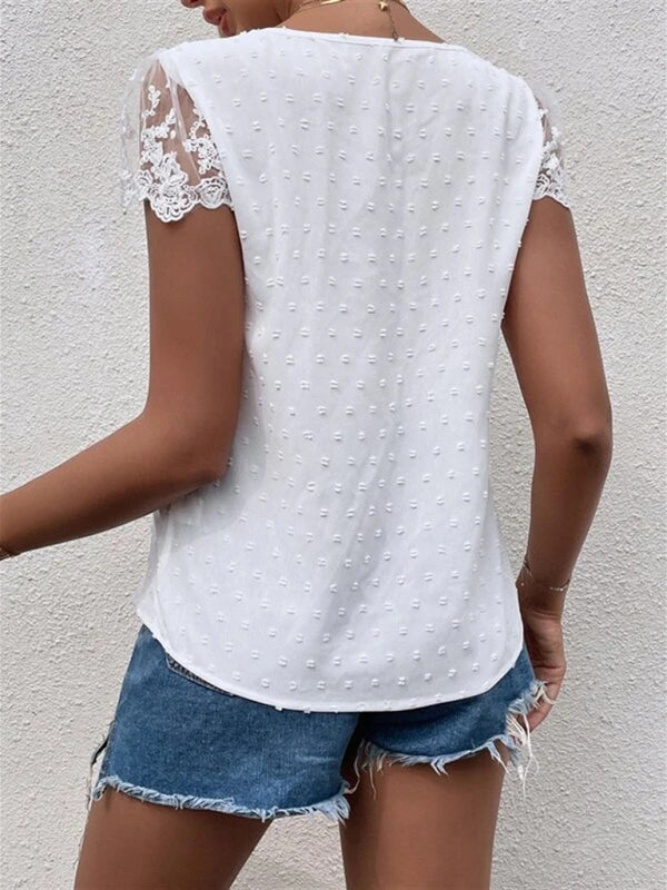 Summer new V-neck chiffon lace shirt