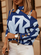 Check Geometric Pattern Print Long Sleeve Chain Halter Print Button Top