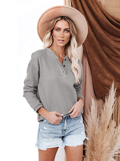 Women's Clothes Amazon Hot Style V-neck Solid Color Long-sleeved Top T-Shirt Women