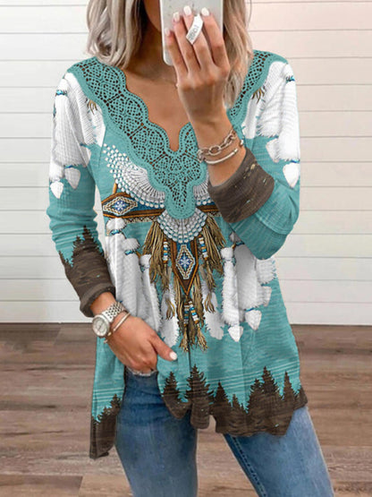 Women's Knitted Casual Ethnic Aztec Print Lace Top