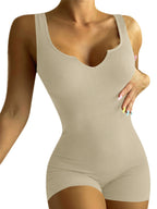 Solid Color Casual Knit Rib V-Neck Tank Top Slim Fit Jumpsuit