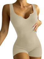 Solid Color Casual Knit Rib V-Neck Tank Top Slim Fit Jumpsuit