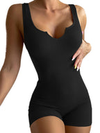 Solid Color Casual Knit Rib V-Neck Tank Top Slim Fit Jumpsuit
