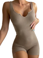 Solid Color Casual Knit Rib V-Neck Tank Top Slim Fit Jumpsuit