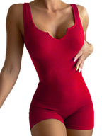 Solid Color Casual Knit Rib V-Neck Tank Top Slim Fit Jumpsuit