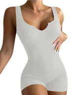 Solid Color Casual Knit Rib V-Neck Tank Top Slim Fit Jumpsuit