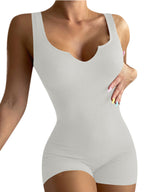 Solid Color Casual Knit Rib V-Neck Tank Top Slim Fit Jumpsuit