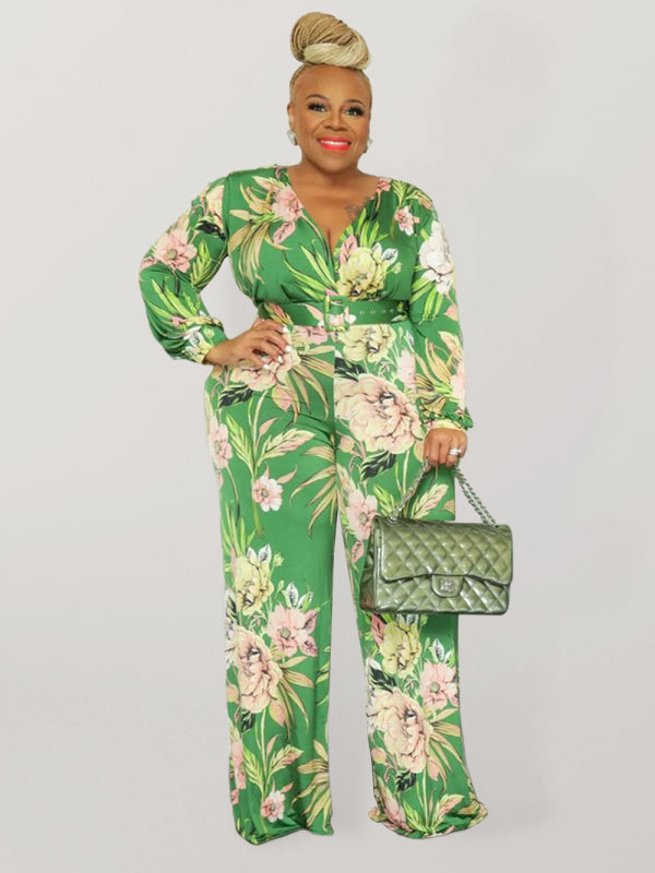 Large size fresh and sweet women's jumpsuit with belt