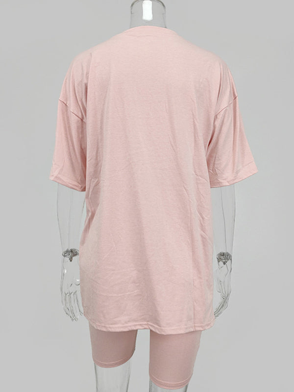 Women's knitted casual loose T-shirt shorts two-piece set