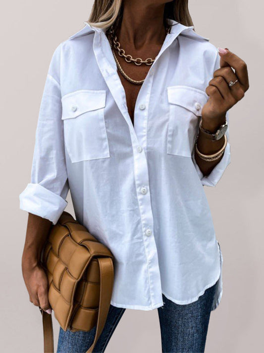 Women's solid color pocket irregular long sleeve lapel shirt