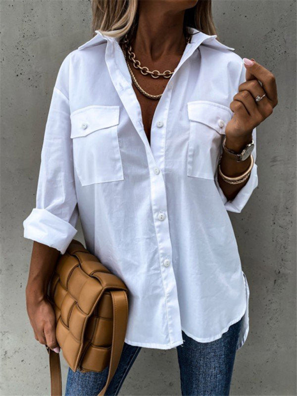 Women's solid color pocket irregular long sleeve lapel shirt