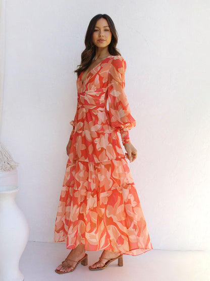 Women's V-neck long-sleeved floral long-sleeved dress
