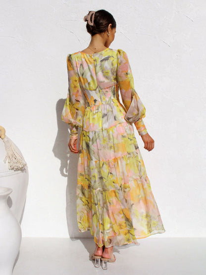 Women's V-neck long-sleeved floral long-sleeved dress