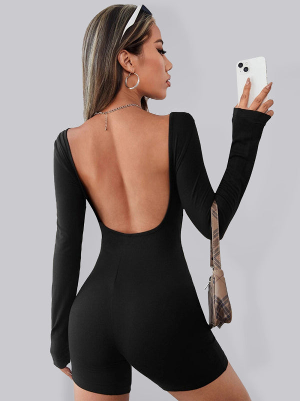 Women's knitted sexy open back long sleeve jumpsuit