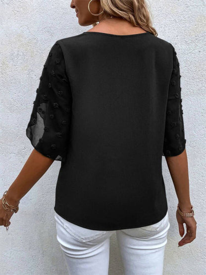 Women's Solid color lace paneling round neck short sleeve top