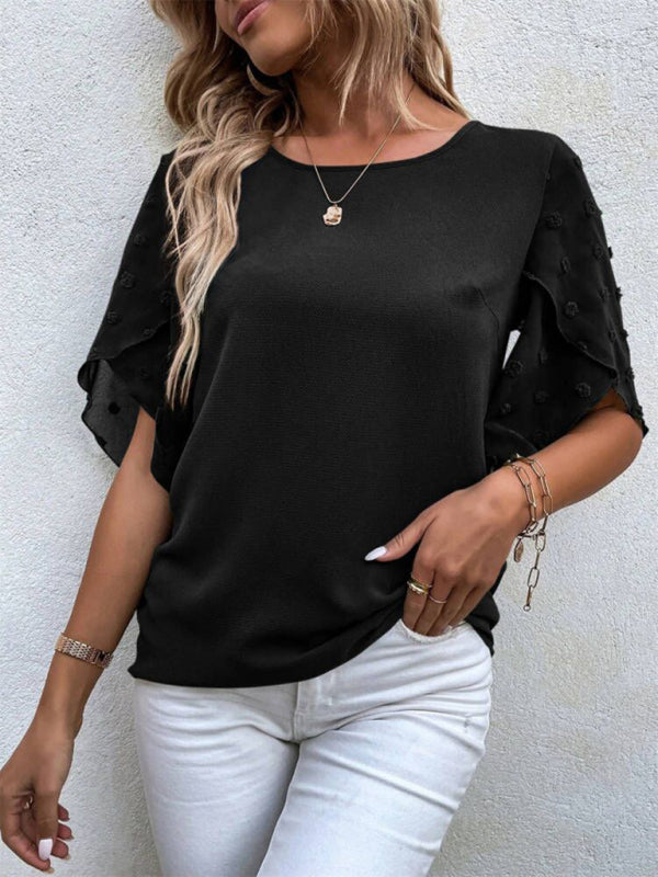 Women's Solid color lace paneling round neck short sleeve top