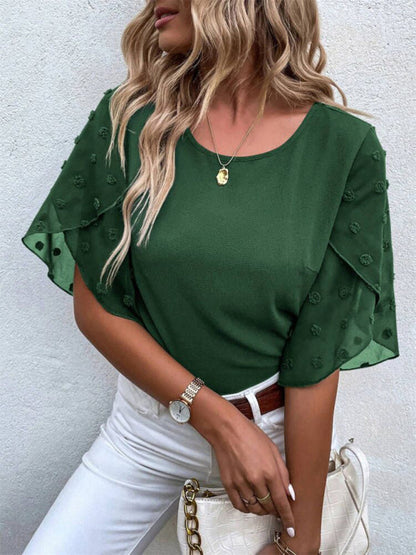 Women's Solid color lace paneling round neck short sleeve top