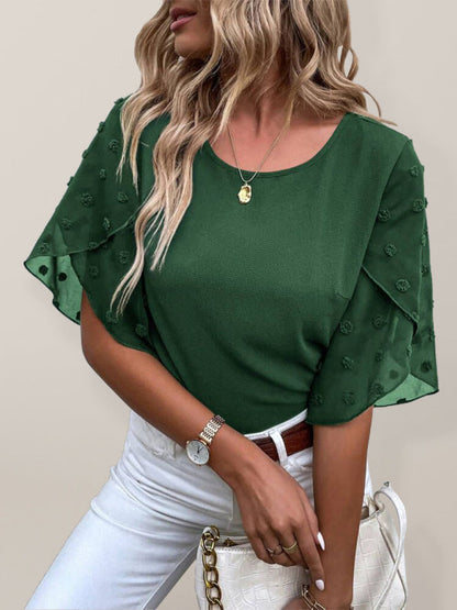 Women's Solid color lace paneling round neck short sleeve top