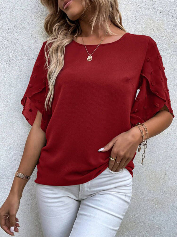 Women's Solid color lace paneling round neck short sleeve top