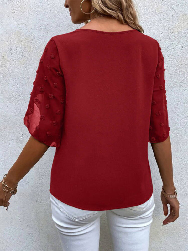 Women's Solid color lace paneling round neck short sleeve top