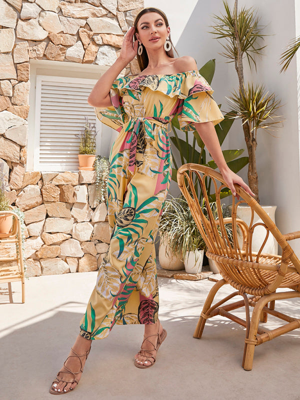 Women's woven one-shoulder chiffon floral resort jumpsuit