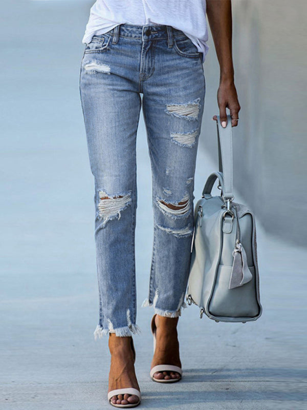 Raw edge ripped slim fit slim jeans women's straight leg cropped pants