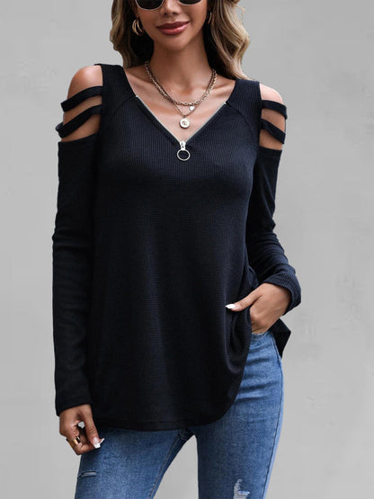 Women's Off Shoulder Zipper Long Sleeve Waffle T-Shirt Top