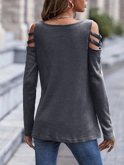 Women's Off Shoulder Zipper Long Sleeve Waffle T-Shirt Top