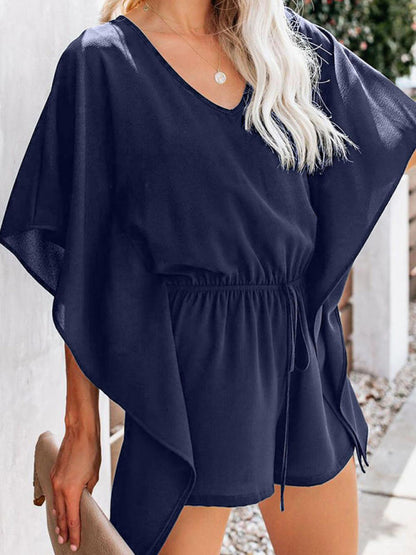 Women's temperament shorts European and American solid color V-neck high waist tie loose jumpsuit