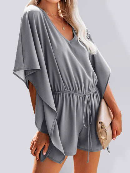 Women's temperament shorts European and American solid color V-neck high waist tie loose jumpsuit