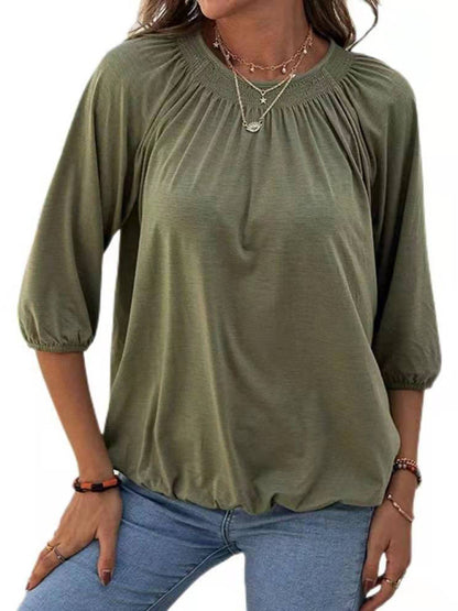 Solid Color Loose Round Neck 3/4 Sleeves Ladies T-Shirt