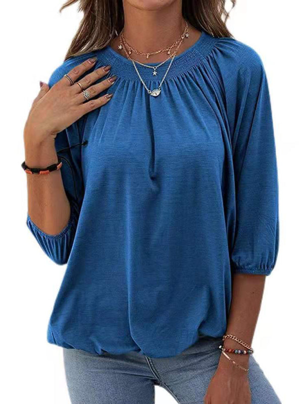 Solid Color Loose Round Neck 3/4 Sleeves Ladies T-Shirt