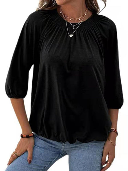 Solid Color Loose Round Neck 3/4 Sleeves Ladies T-Shirt