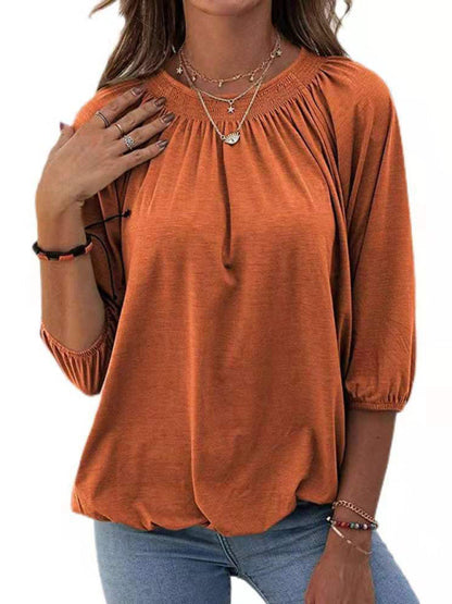 Solid Color Loose Round Neck 3/4 Sleeves Ladies T-Shirt
