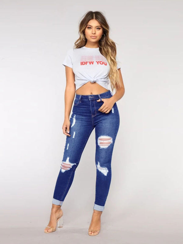 Women's trendy fashion ripped washed jeans