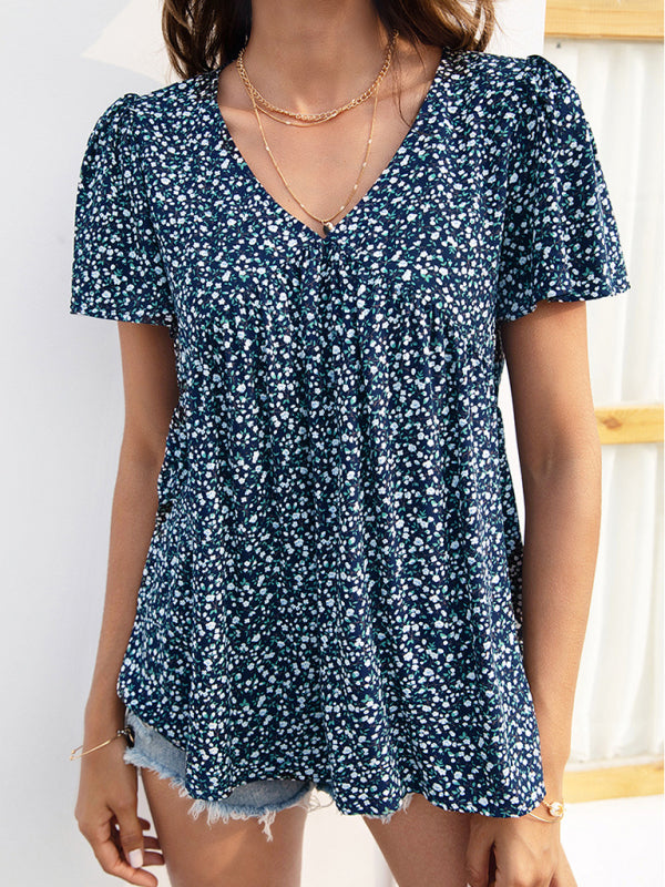 V-neck loose pleated print loose casual European and American tops