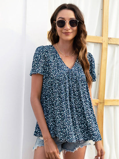 V-neck loose pleated print loose casual European and American tops