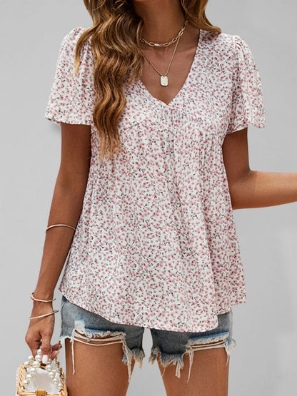 V-neck loose pleated print loose casual European and American tops