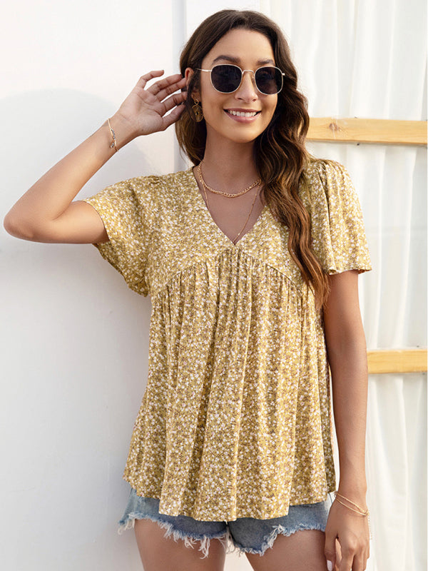 V-neck loose pleated print loose casual European and American tops