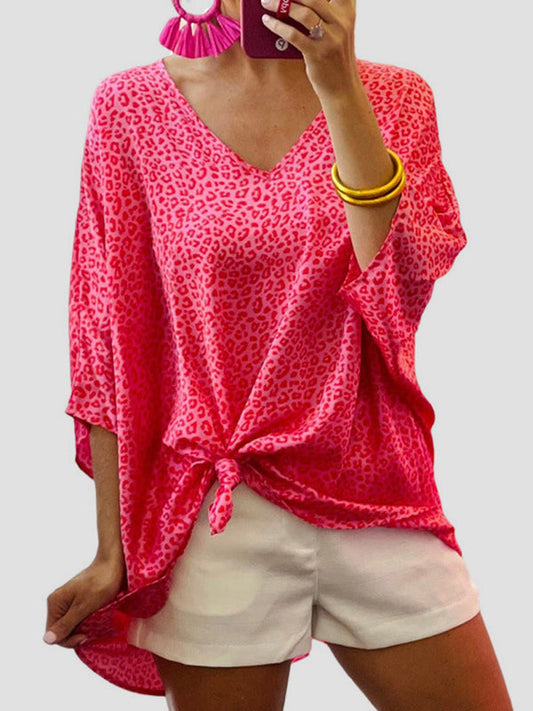 Women's Woven Trendy Loose V Neck Leopard Print Top