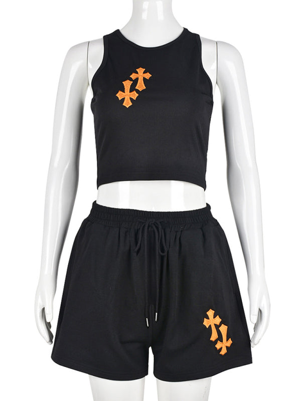 Women's cross-embroidered navel vest + shorts two-piece sets