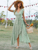 Bohemian V-Neck Tie Slim Swing Print Dress