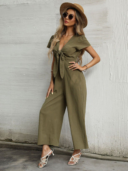 Women's woven V-neck short-sleeved casual straight cropped jumpsuit