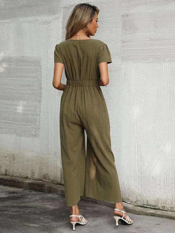 Women's woven V-neck short-sleeved casual straight cropped jumpsuit