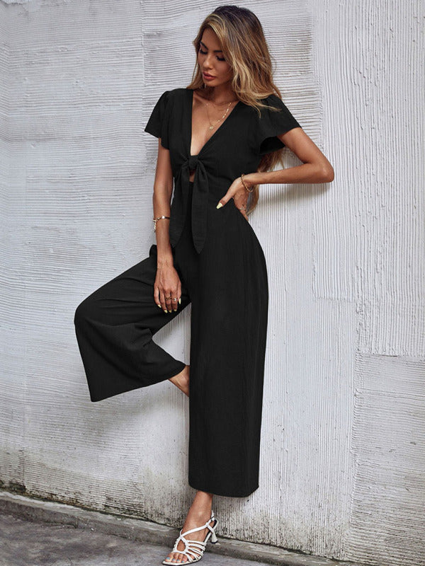 Women's woven V-neck short-sleeved casual straight cropped jumpsuit